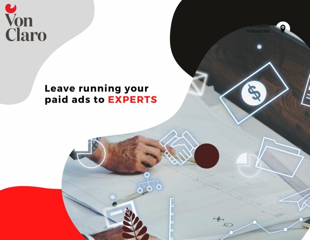 VonClaro ad graphic promoting expert help with running paid ads, featuring strategy visuals and marketing icons.