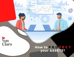 Illustration of two people with laptops and the text: How to protect your assets?