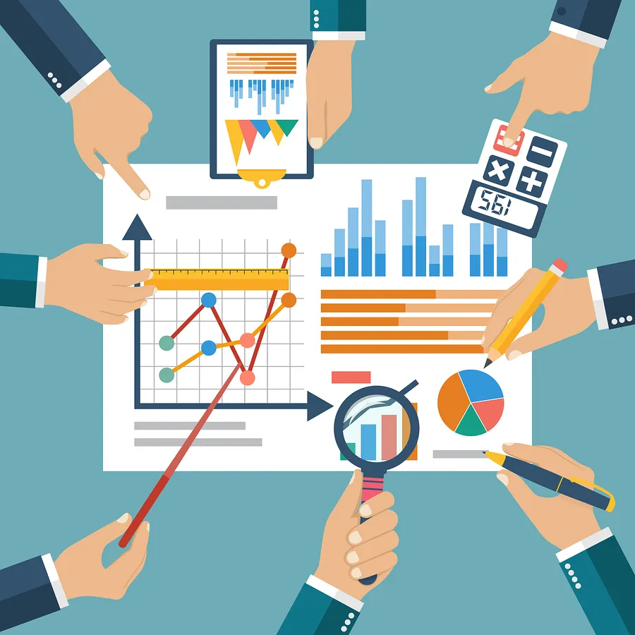 Illustrated hands collaborating on a page of charts discussing Digital Marketing Audit Services