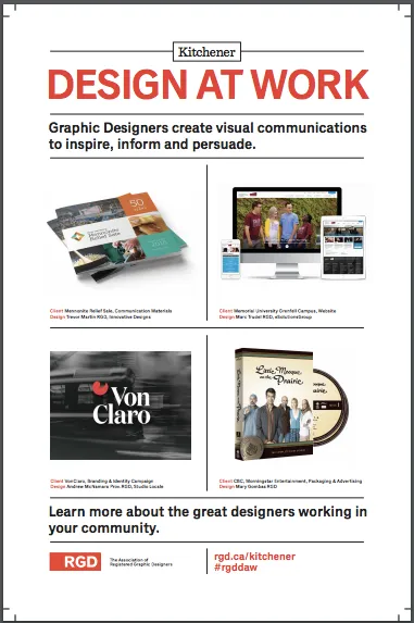 Flyer example with text saying Design at Work Graphic Designers create visual communications to inspire inform and persuade