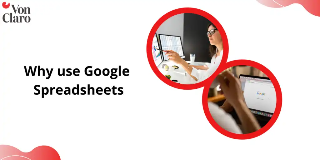 image showing a woman at a computer monitor demonstrating how to use Google Spreadsheet functions.