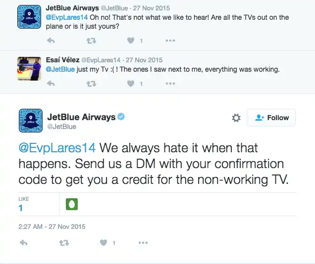 screenshot of a successful customer service discussion with jetblue airways