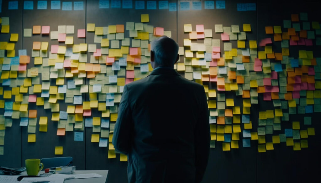 An image of the back of a business man in an overcoat looking at a board with a bunch of post it notes on it. The post it notes represent keyword stuffing