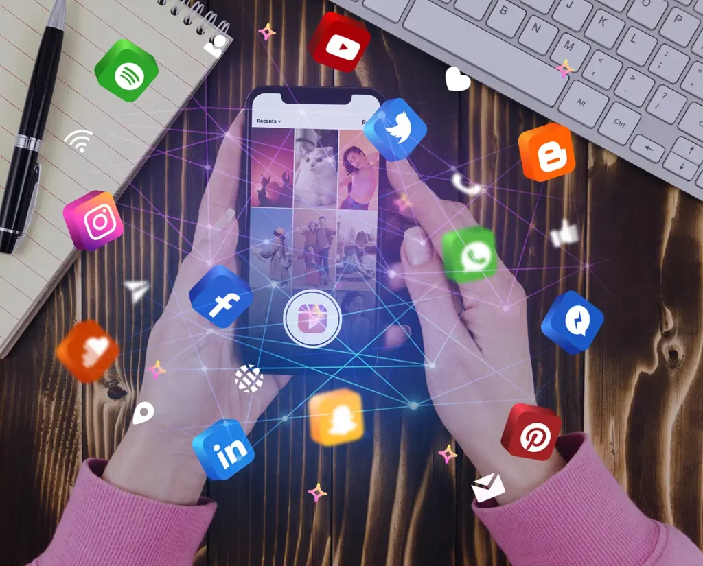 cross-platform integration social media icons on a phone