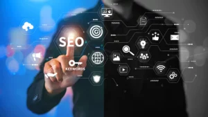 A person in business attire touching a virtual screen displaying the word "SEO" with related icons such as a target, globe, shield, and magnifying glass, representing digital marketing and search engine optimization concepts.