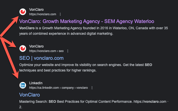 A screenshot of search results featuring "VonClaro" listings. The top result is from vonclaro.com, describing it as a Growth Marketing Agency from Waterloo, ON. Other results include an SEO-specific page from the same website and a LinkedIn company page for VonClaro highlighting SEO best practices. Red arrows point towards the first two listings.