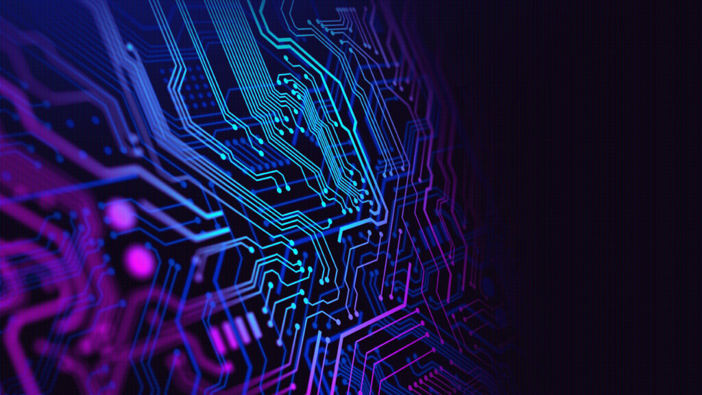 Blue and Purple technology background circuit board illustration. Website assets.