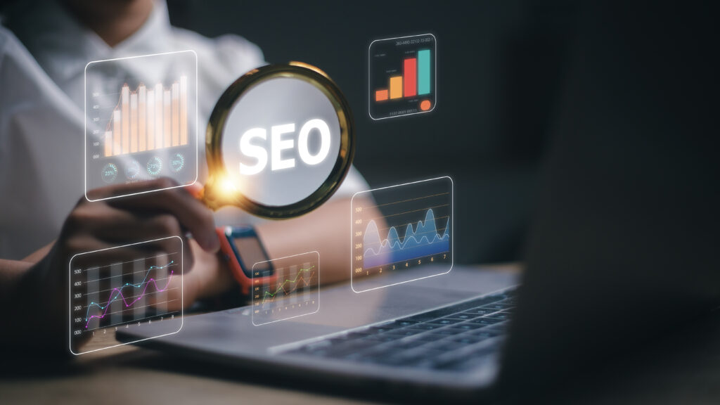 Women use magnifying glasses and computers for analysis of SEO, and search engine optimization ranking traffic websites. internet business technology for promoting traffic to the website. Why SEO is important.