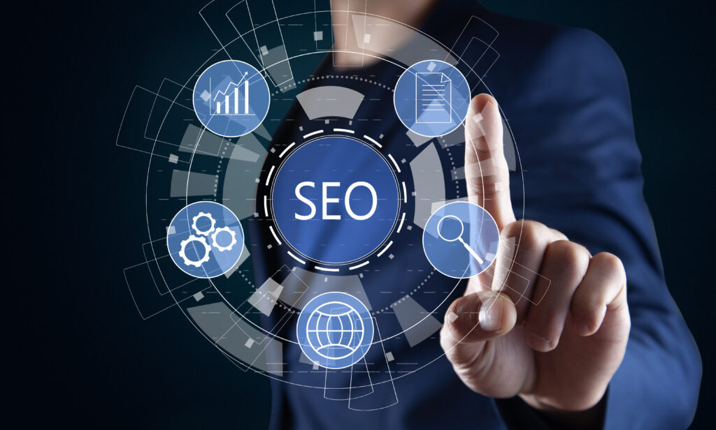 A business man is shown pushing a button with the word "SEO" on it. The buttons display five icons representing various aspects of SEO, emphasizing the importance of affordable local SEO services in digital marketing strategies.