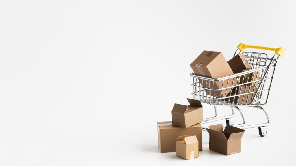 Full cart with boxes symbolizes the culmination of products ready for distribution. Amazon FBA vs dropshipping introduces a critical decision point for modern entrepreneurs navigating the e-commerce landscape.