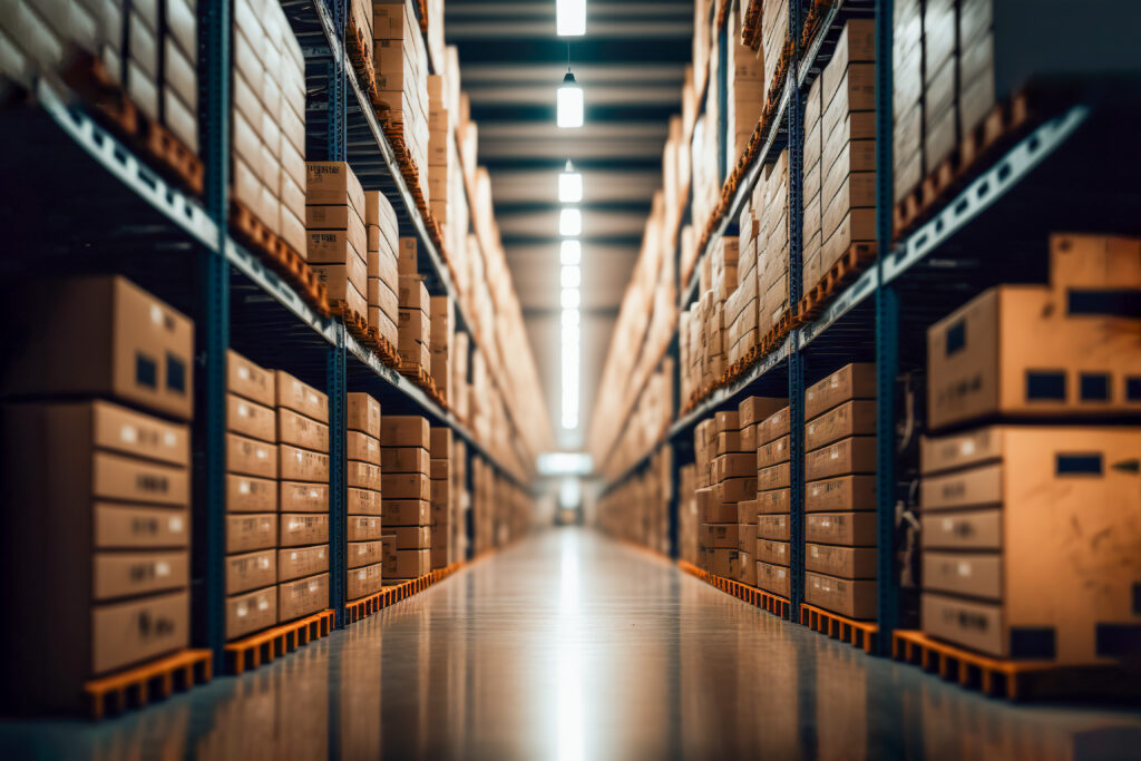 A spacious warehouse interior with neatly stacked shelves and organized inventory. This warehouse setting exemplifies the efficiency and scale necessary. Amazon FBA calculator Canada underscores the logistical and financial aspects essential for successful inventory management.