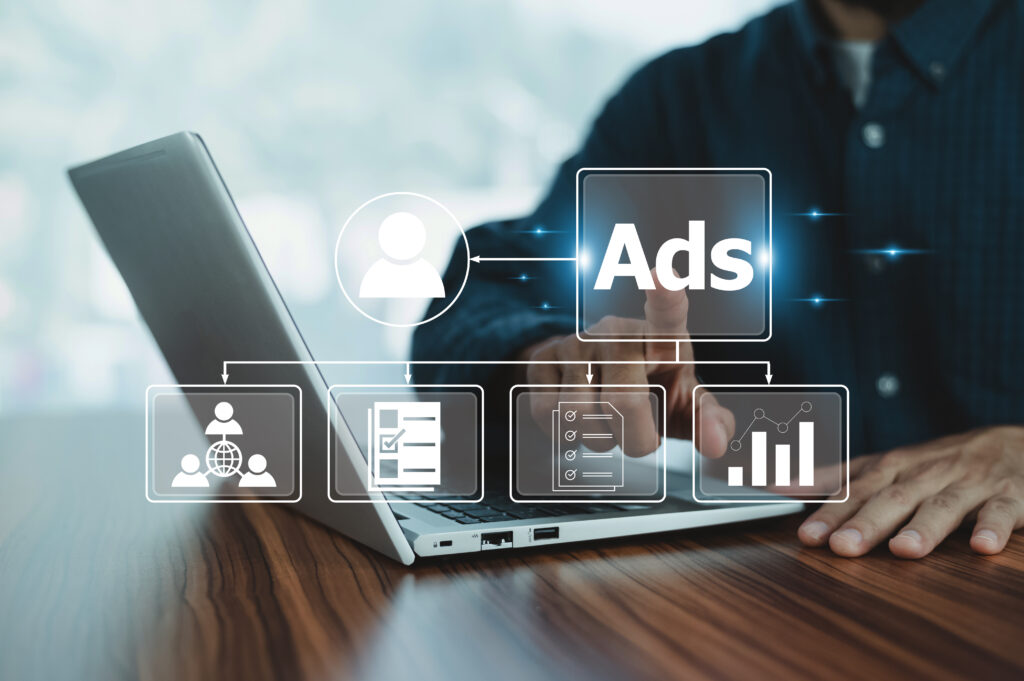 Person using Ads for digital marketing concept, online advertisement, ad on website and social media for customer. Checking the cost of Google Sponsored Ads