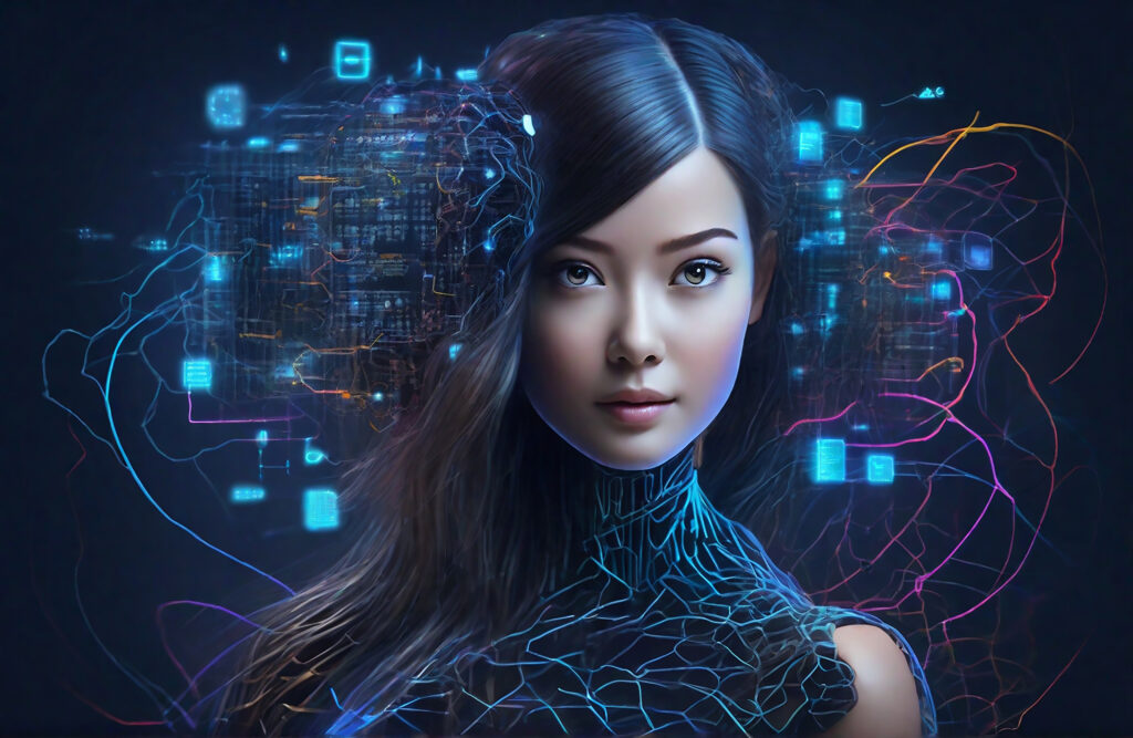 An AI girl with flowing hair, surrounded by futuristic technology in the background, representing the advancement of artificial intelligence. The scene is enhanced with elements of generative AI optimization.