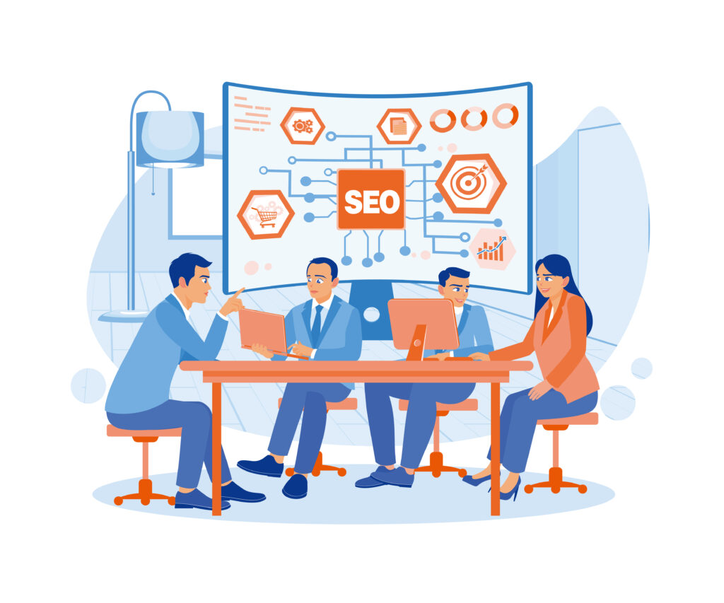 An illustration depicts a team meeting where the central whiteboard diagram provokes the discussion "is SEO still relevant" as they analyze search optimization concepts.