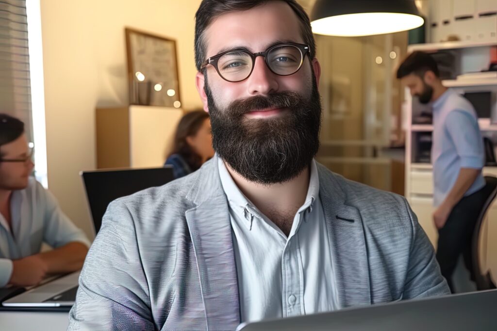 A focused man in a grey shirt working on a laptop, potentially searching for PDFs on Google in an office with a cityscape backdrop.