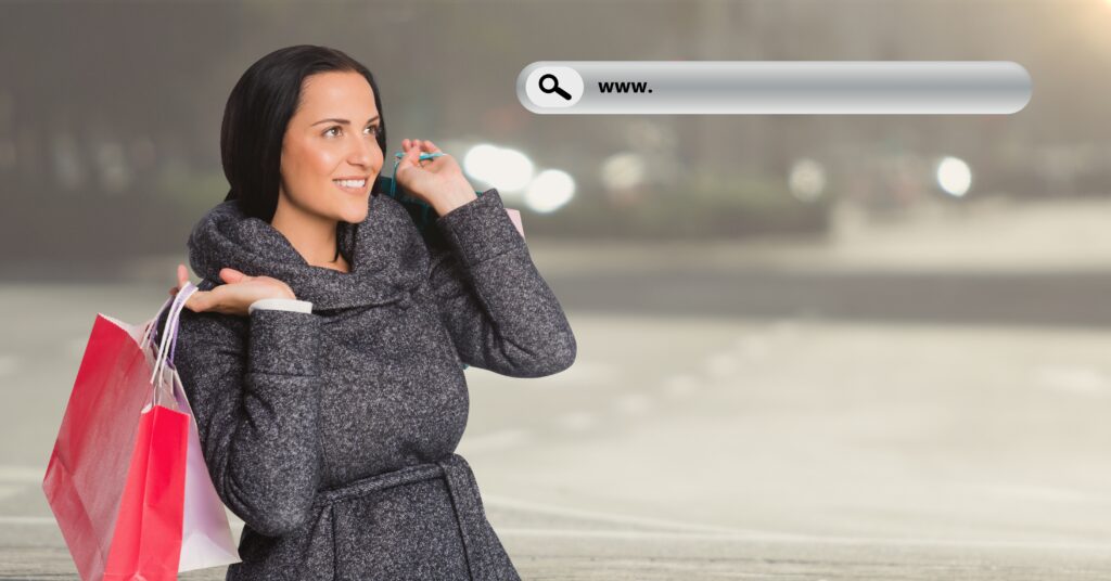 Smiling woman with shopping bags over her shoulder, looking at a digital search bar floating in the air, symbolizing the targeted reach of Responsive Search Ads. This imagery captures how "How Does Google Ads Generate Responsive Search Ads" influences modern consumer habits.