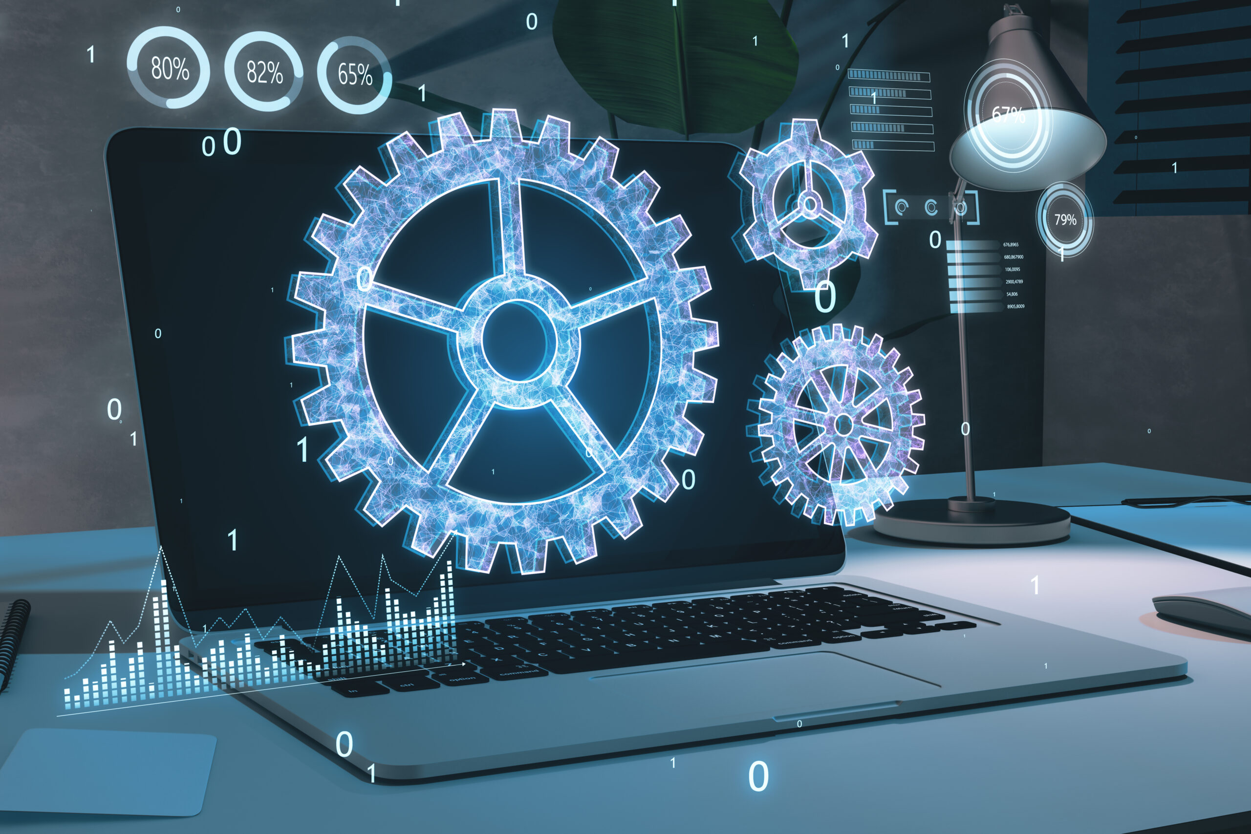 Creative laptop with glowing binary code cogwheel on screen. Blurry office workplace background. Adjusting app, setting options, maintenance, repair, fixing. 3D Rendering. PPC bid management.