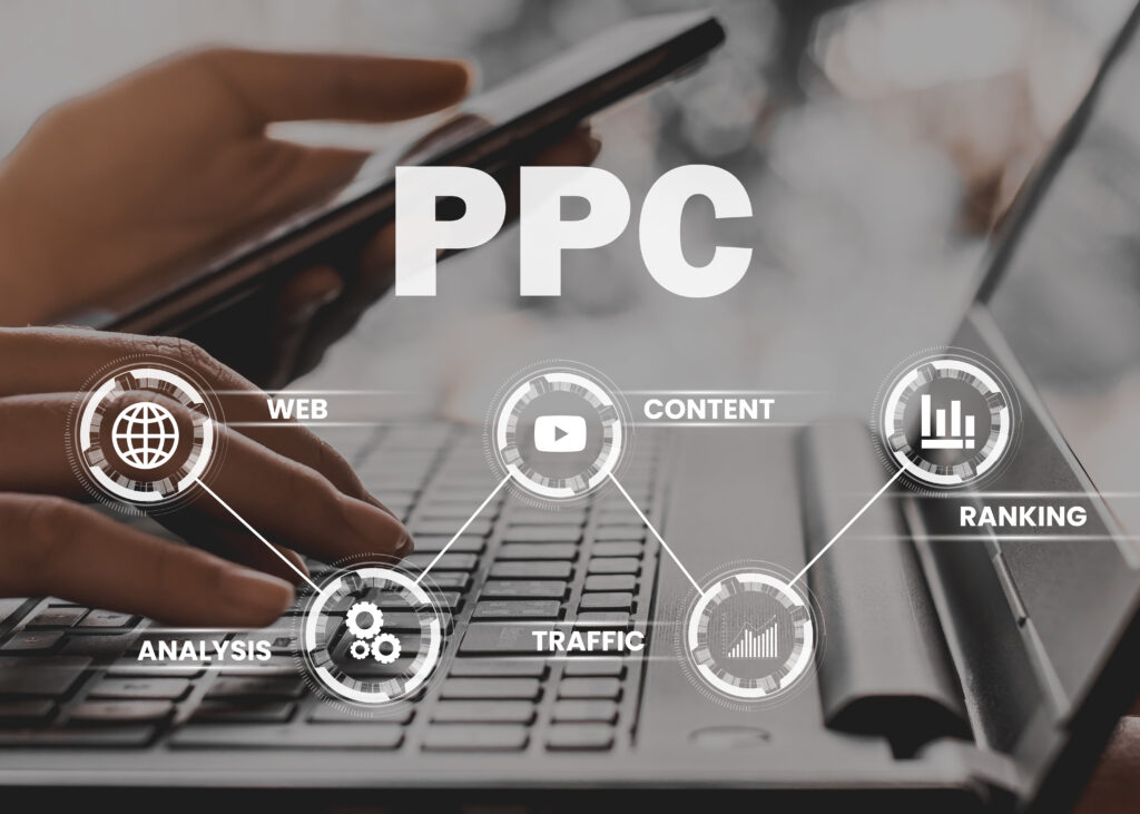 PPC pay per click, online branding and digital marketing screen. PPC management services.