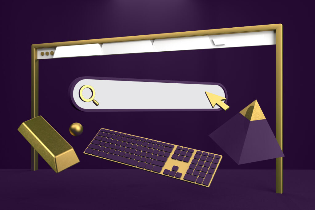 An illustration depicting a search bar that could write the text "search google for filetype" and various geometric shapes like pyramids and gold bars, representing advanced Google search capabilities.