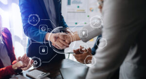 Two business professionals shaking hands in an office, surrounded by digital icons representing data analysis and network security, symbolizing the agreement for a comprehensive website audit service.