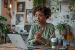 A young African-American woman with short, wavy hair sits at a wooden desk in a well-lit, minimalist room. She is focused on her work, embodying the essence of a freelance digital marketing expert in Canada working from a creative space.