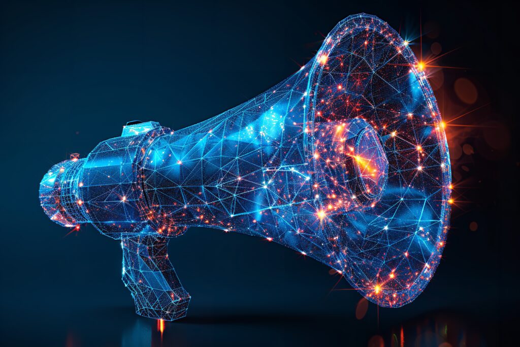 A digital representation of a megaphone with interconnected glowing nodes and lines on a blue background. This image emphasizes cutting-edge advertising strategies and technological advancements.