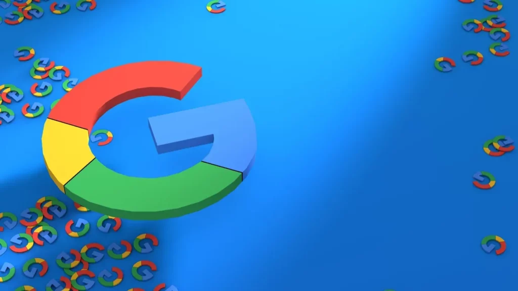 58 A 3D Google logo on a blue background surrounded by smaller logos, symbolizing the scale and algorithmic precision of Google Ads Smart Bidding across digital platforms.