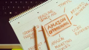 A notepad with a sketched mind map focused on Amazon optimization, placed near a laptop—symbolizing strategic planning concepts relevant to Google Ads landing page optimization.