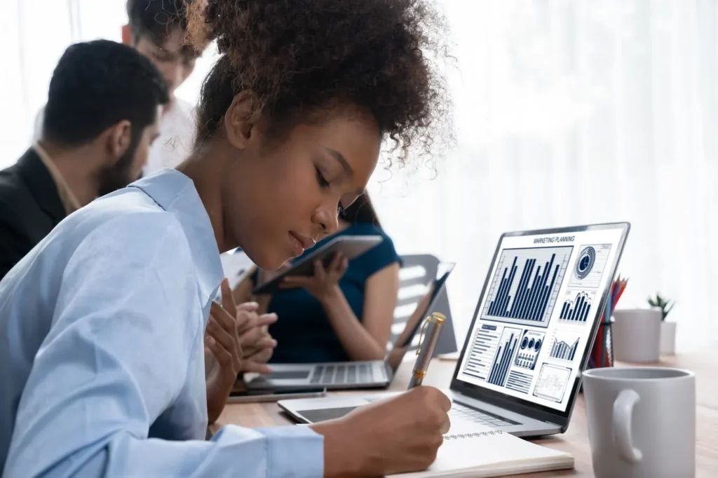 Google ads ad extensions being monitored by young business woman looking at  charts 